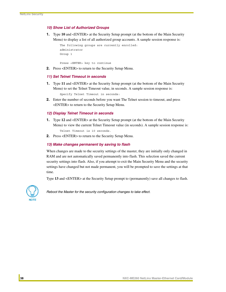 10) show list of authorized groups, 11) set telnet timeout in seconds, 12) display telnet timeout in seconds | 13) make changes permanent by saving to flash | AMX NETLINX MASTER NXC-ME260 User Manual | Page 42 / 48