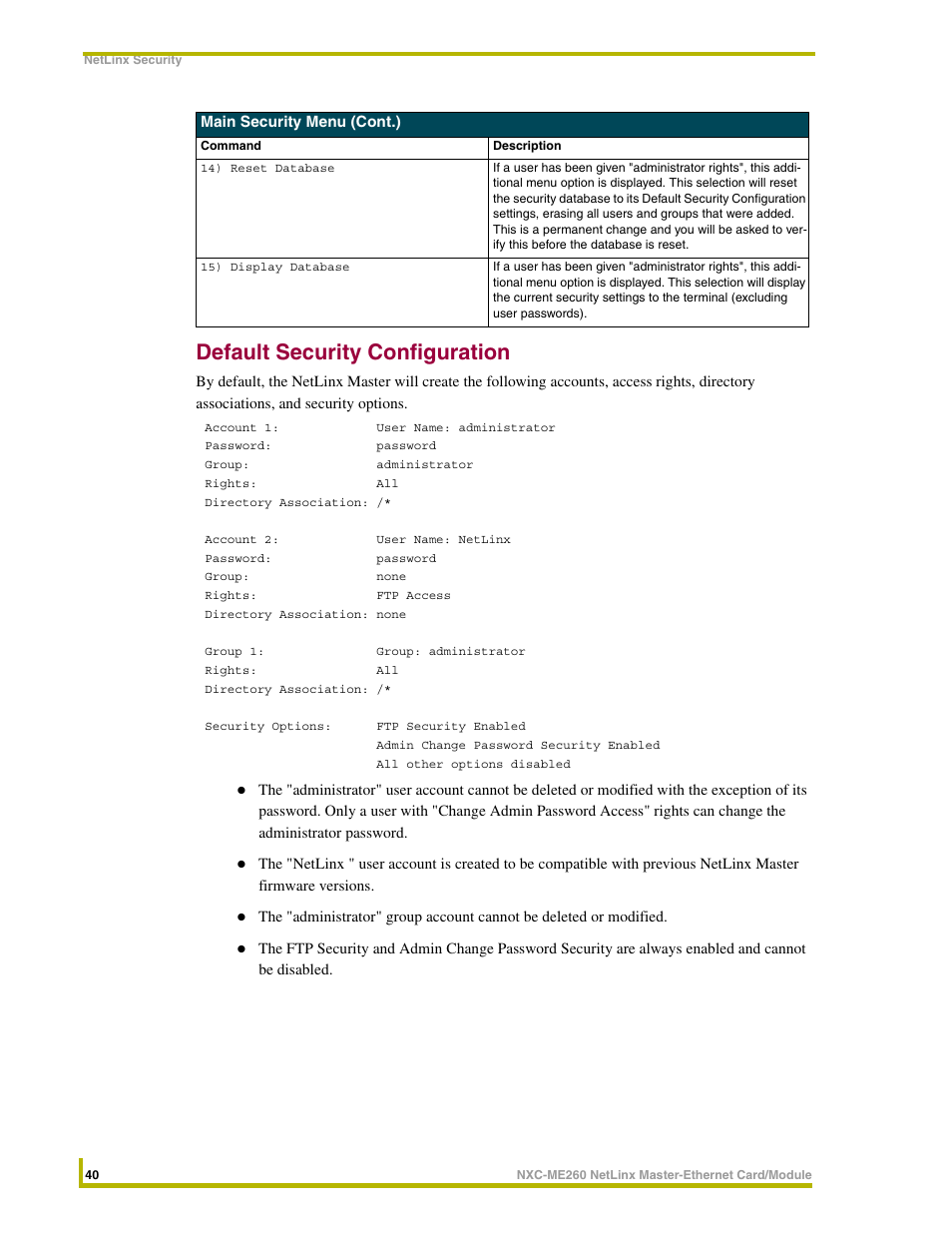 Default security configuration | AMX NETLINX MASTER NXC-ME260 User Manual | Page 44 / 48