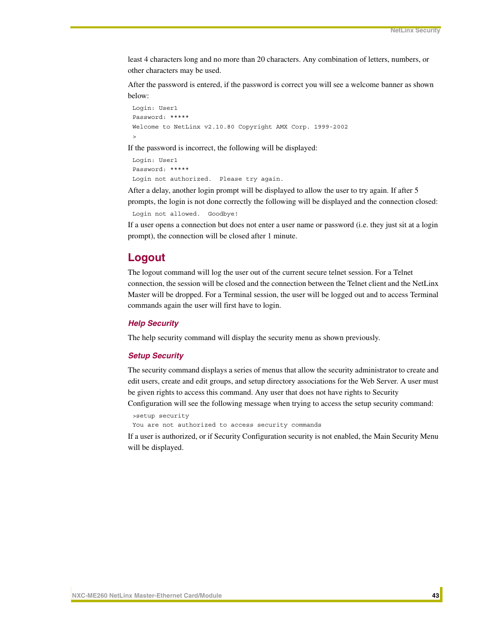 Logout, Help security, Setup security | AMX NETLINX MASTER NXC-ME260 User Manual | Page 47 / 48