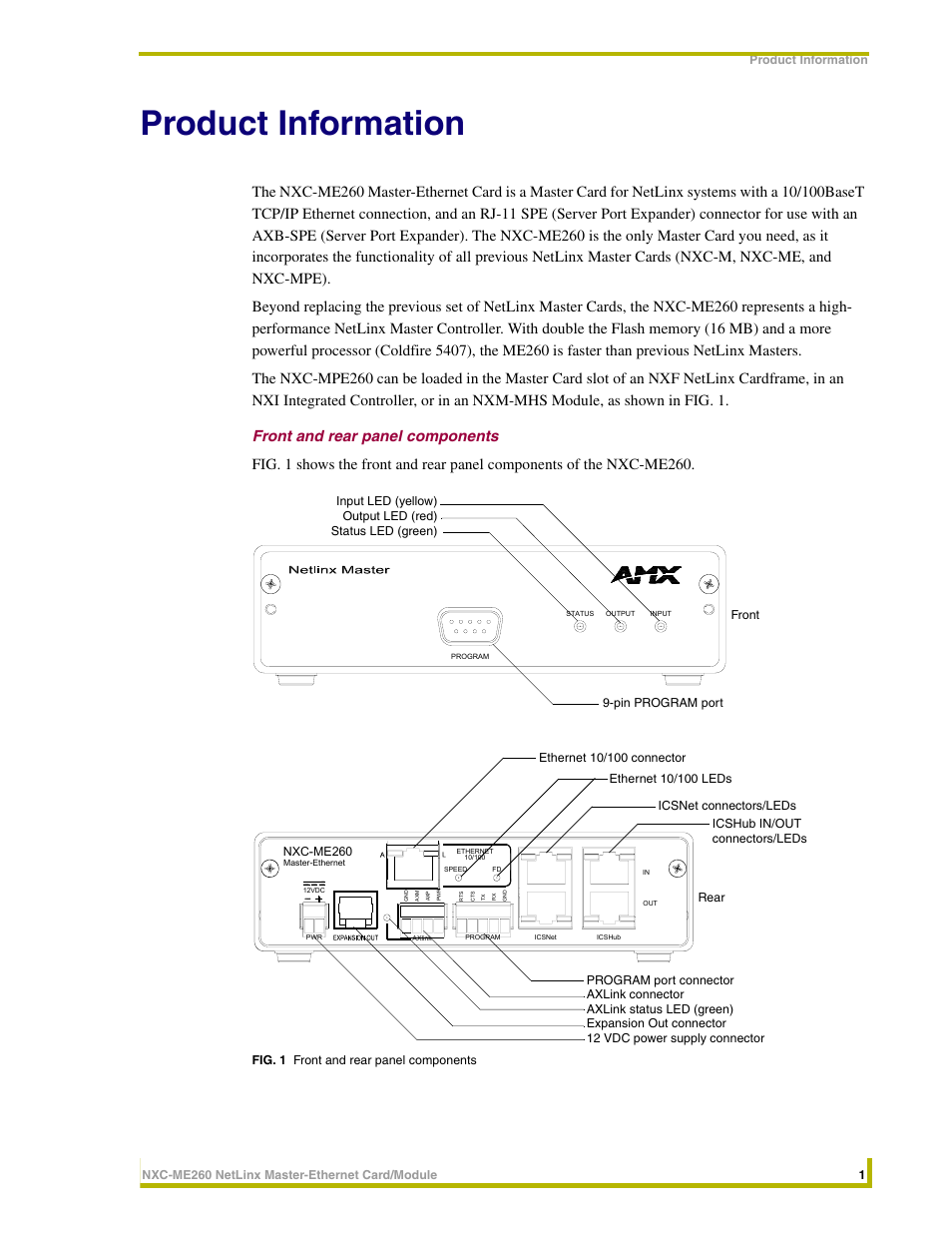 Product information, Front and rear panel components | AMX NETLINX MASTER NXC-ME260 User Manual | Page 5 / 48