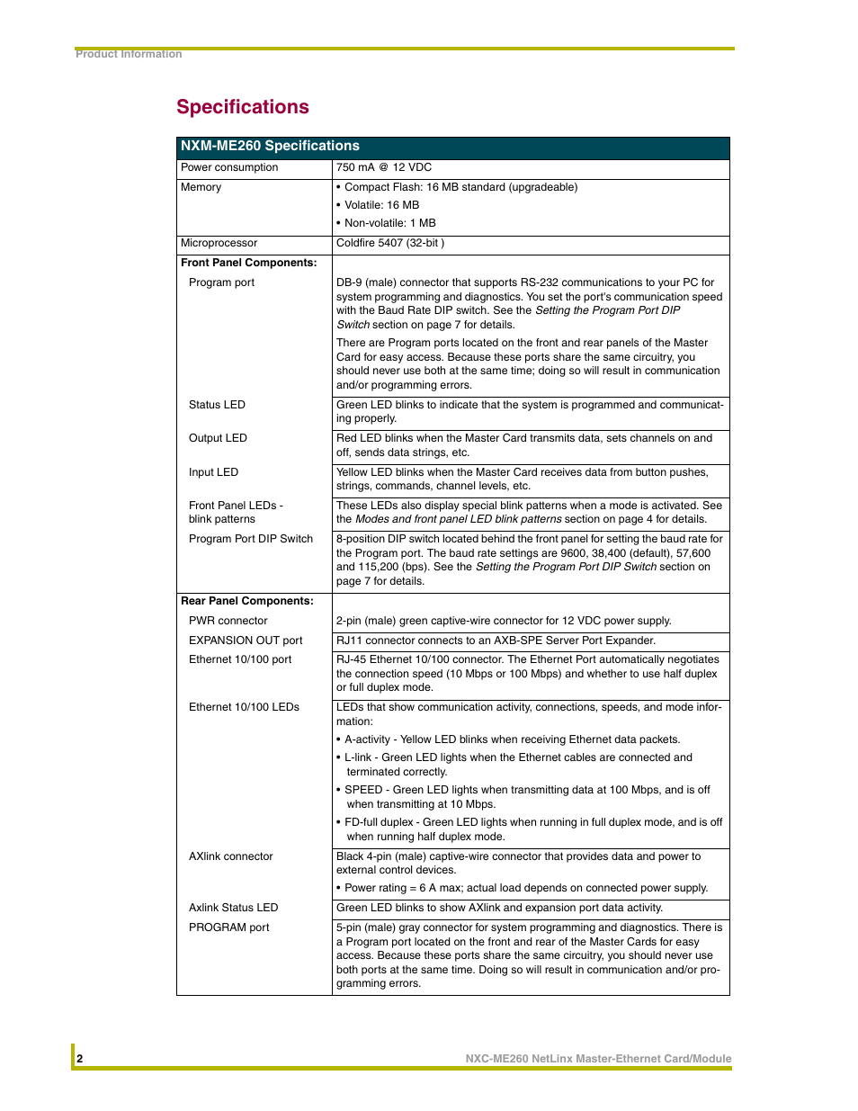 Specifications | AMX NETLINX MASTER NXC-ME260 User Manual | Page 6 / 48