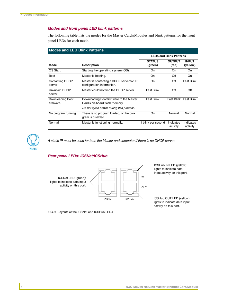 Modes and front panel led blink patterns, Rear panel leds: icsnet/icshub | AMX NETLINX MASTER NXC-ME260 User Manual | Page 8 / 48