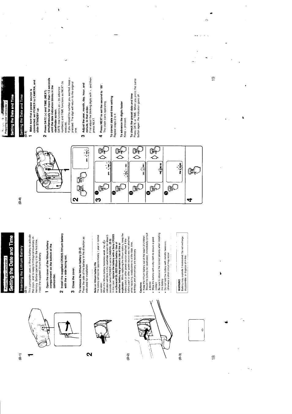 D-1), Setting the date and time, Inserting the lithium battery | 3 close the cover, To remove the lithium battery (d-2), 4 press next to set the second to “oo, To correct dale and time setting, To advance the digits faster, To check the preset date and time | Sony CCD-F301 User Manual | Page 10 / 31