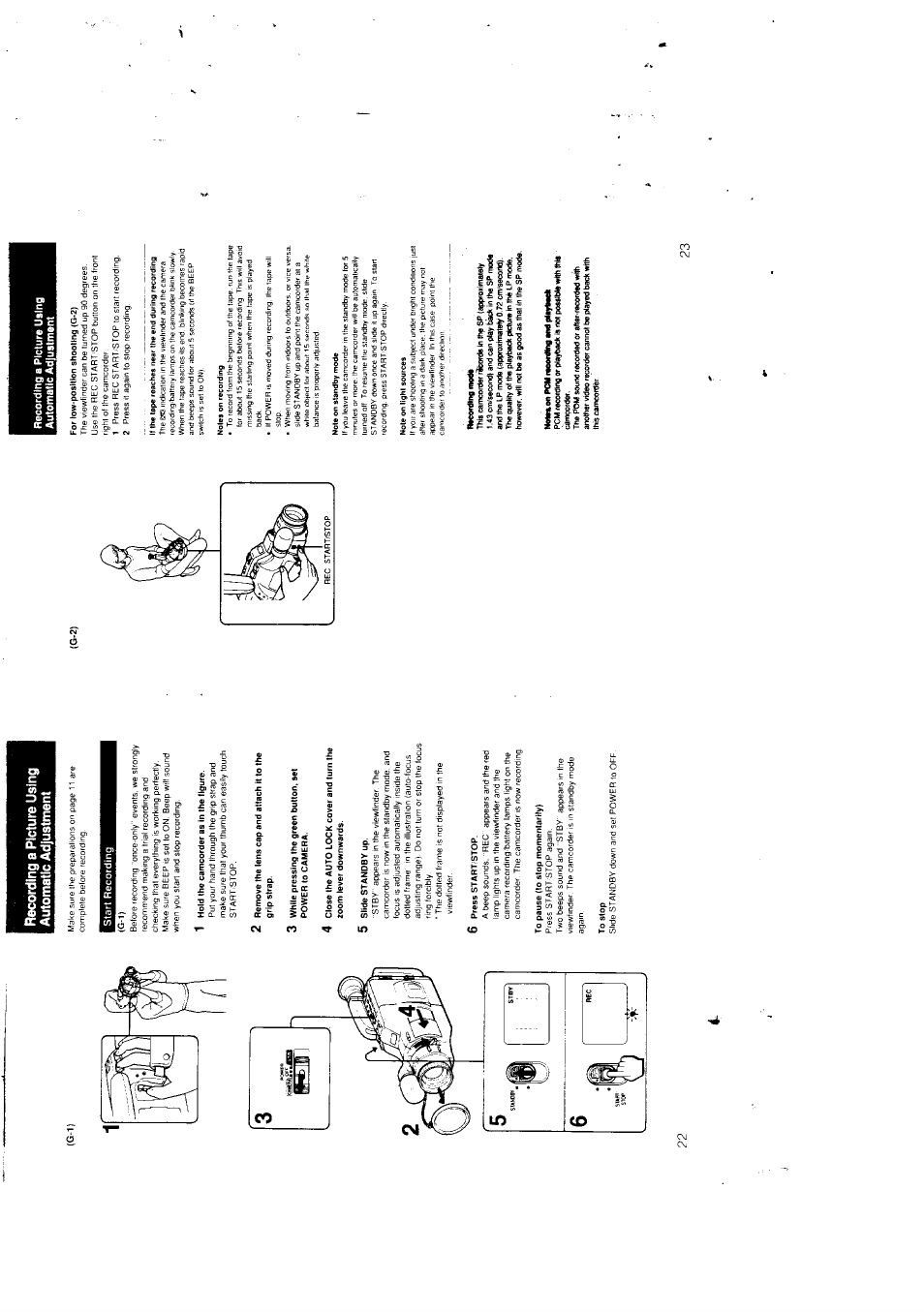 Start recording, G-1), 1 hold the camcorder as in the figure | 5 slide standby up, 6 press start stop, To pause (to stop momentarily), To stop, For tow-positlon shooting (g-2), If the tape reaches near the end during recording, Notes on recording | Sony CCD-F301 User Manual | Page 12 / 31