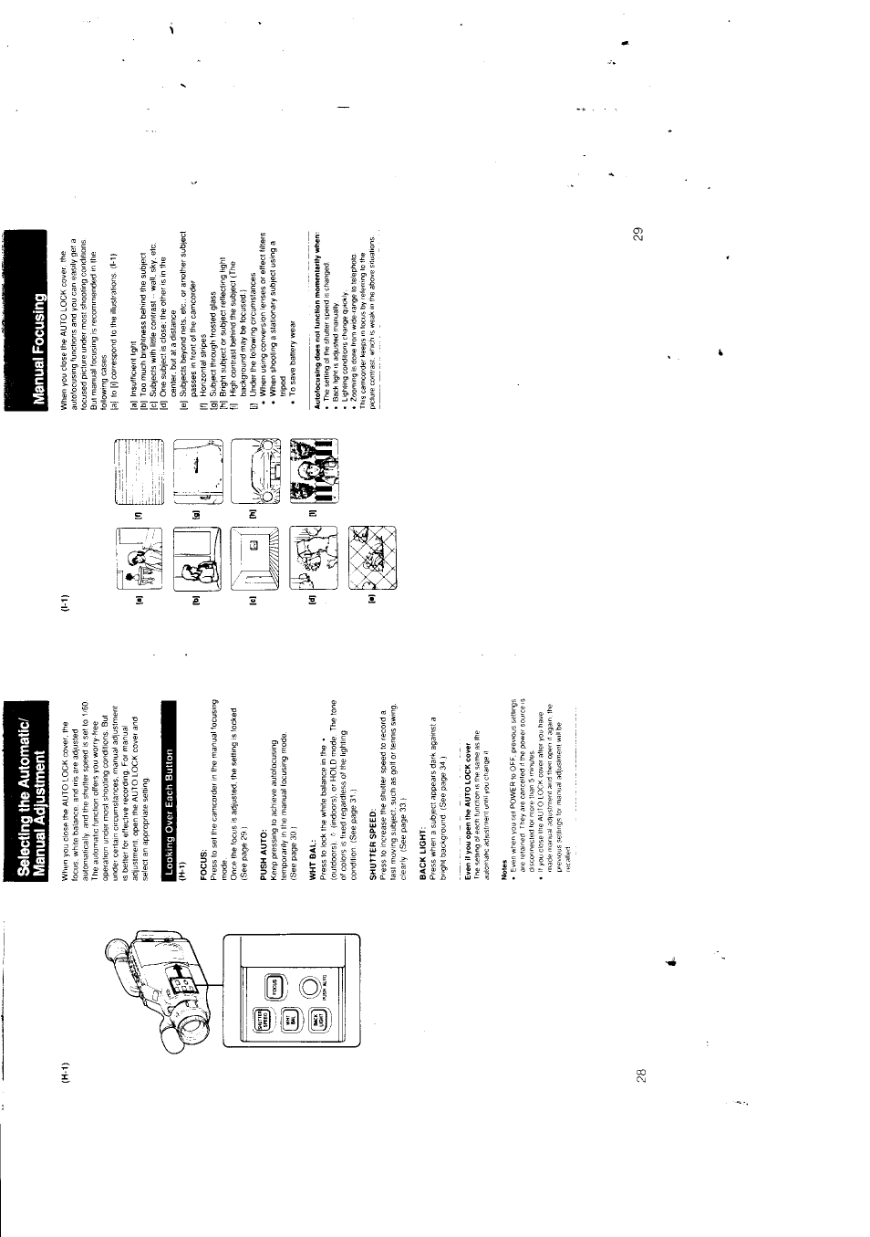 Selecting the automatic/ manual adjustment, Focus, Push auto | Wht bal, Shutter speed, Back light, Manual focusing | Sony CCD-F301 User Manual | Page 15 / 31