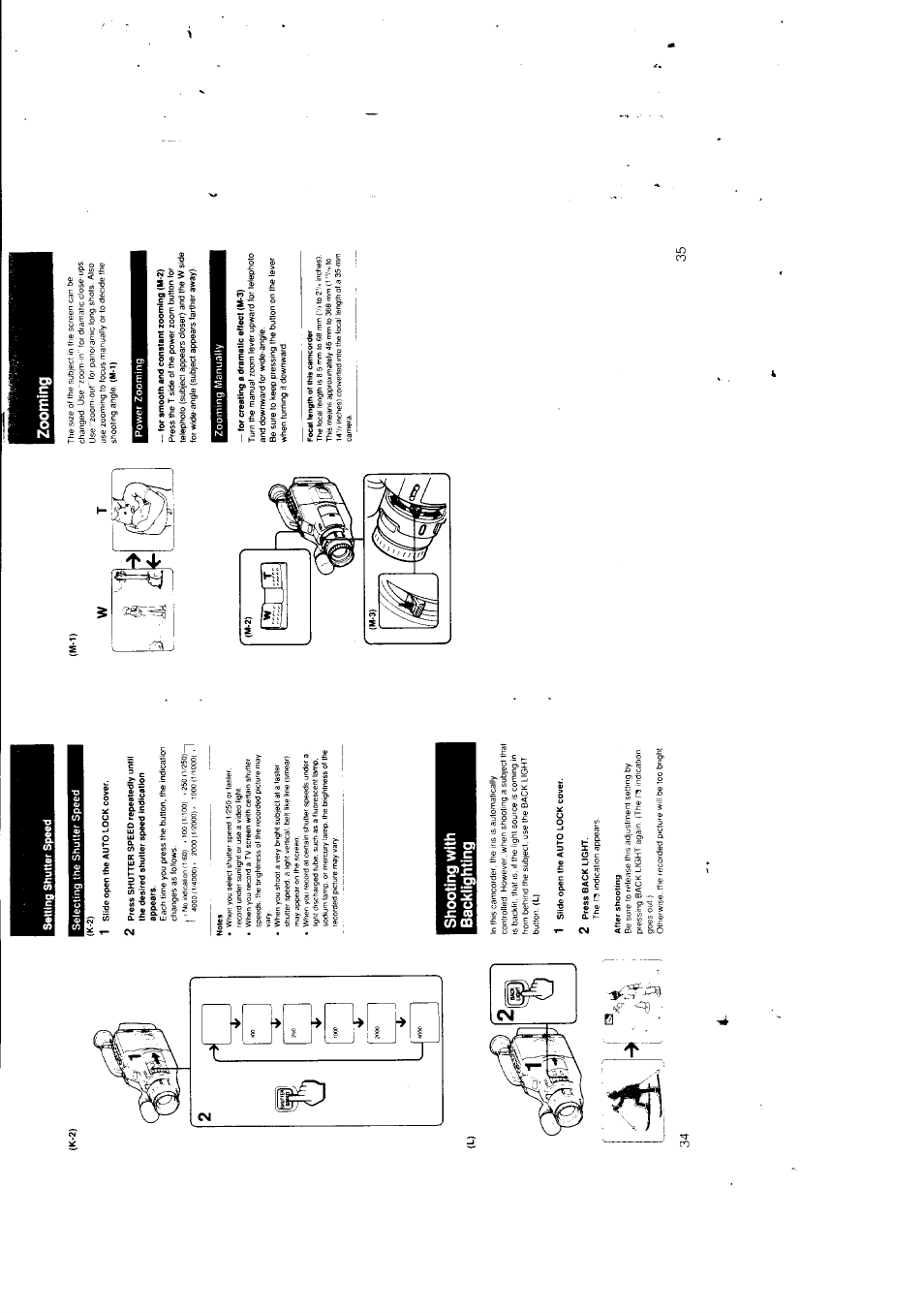 Setting shutter speed, Selecting the shutter speed, K-2) | 1 slide open the auto lock cover, Notes, Shooting with backlighting, 2 press back light, After shooting, Zooming, For smooth and constant zooming (m-2) | Sony CCD-F301 User Manual | Page 18 / 31