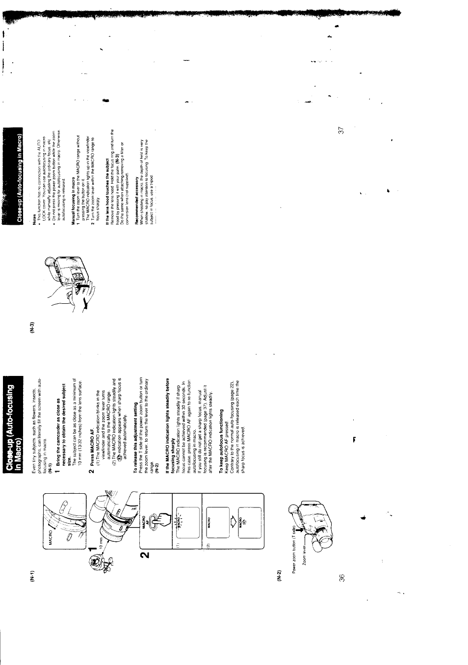 Close-up (auto-focusing in macro), 2 press macro af, To release this adjustment setting | To keep autofocus functioning, Notes, Manual focusing in macro, Ii the lens hood touches the subject, Recommended accessory | Sony CCD-F301 User Manual | Page 19 / 31
