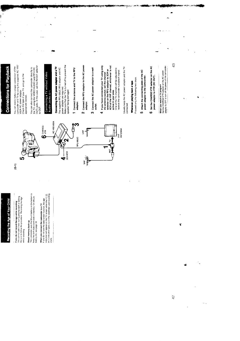 Connections for playback, Connecting a tv without video audio jacks (0-i) | Sony CCD-F301 User Manual | Page 22 / 31