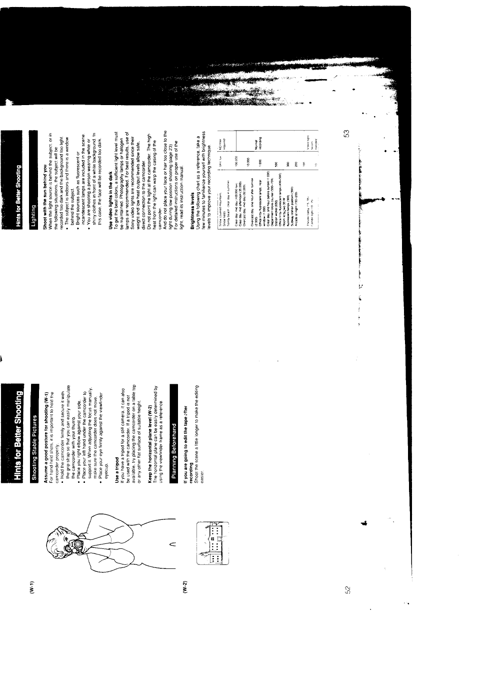 Hints for better shooting, Shooting stable pictures, Assume a good posture for shooting (w-1) | Use a tripod, Keep the horizontal plane level <w*2), Planning beforehand, If you are going to edit the tape rfter recording, Shoot with the sun behind you, Use video lights in the dark, Brightness levels | Sony CCD-F301 User Manual | Page 27 / 31