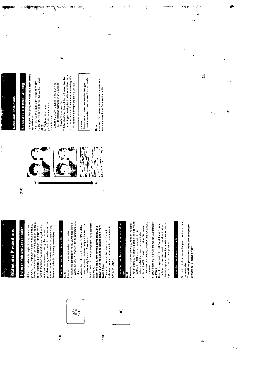 Notes end precautions, Notes on moisture condensation, X-1) | Note, Notes and precautions | Sony CCD-F301 User Manual | Page 28 / 31