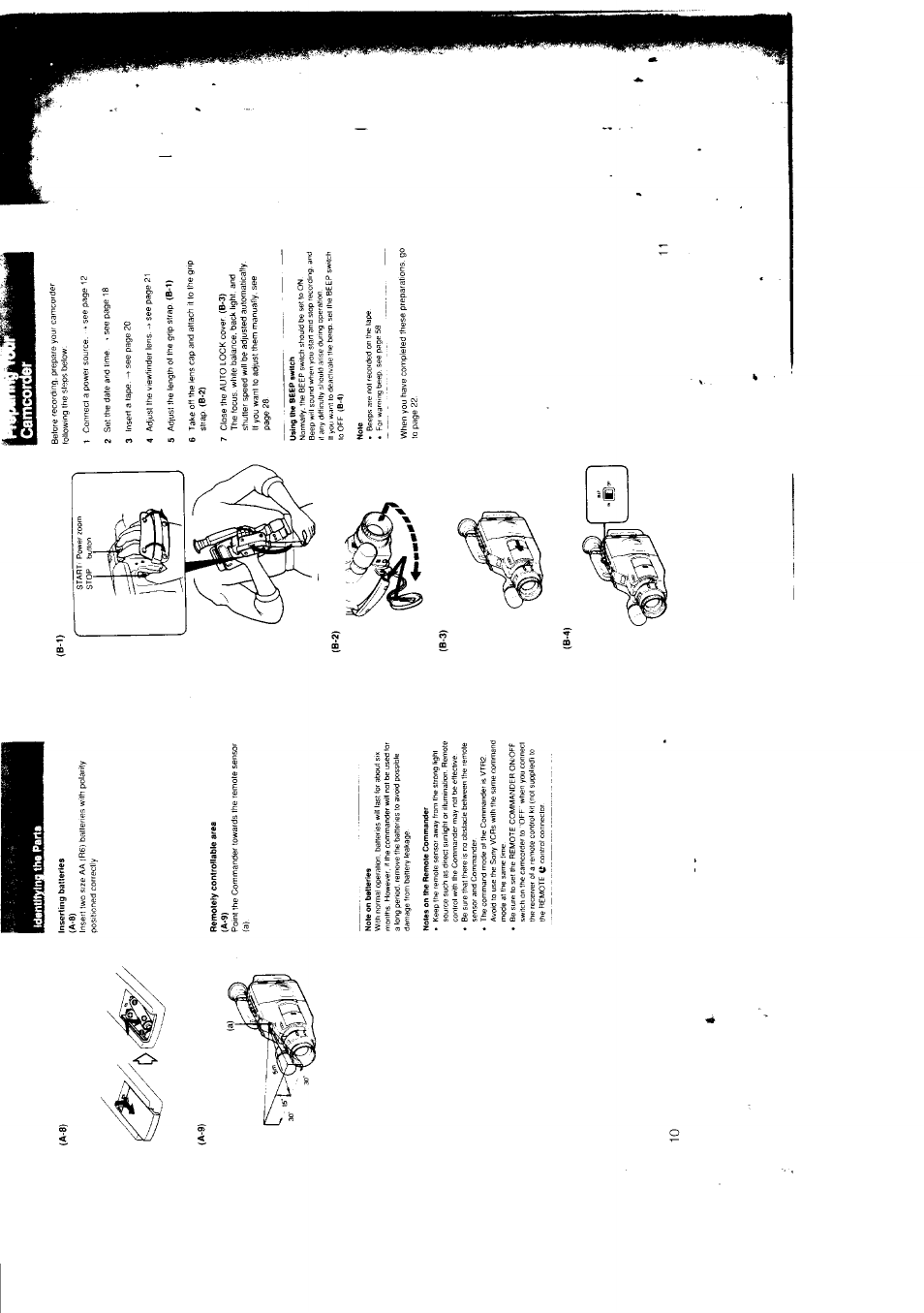 Idantitvina the parte, Inserting {»tieries (a-8), Remotely controllable area (a-9j | Note on batteries, Notes on the remote commander, Using the beep switch, Note | Sony CCD-F301 User Manual | Page 6 / 31