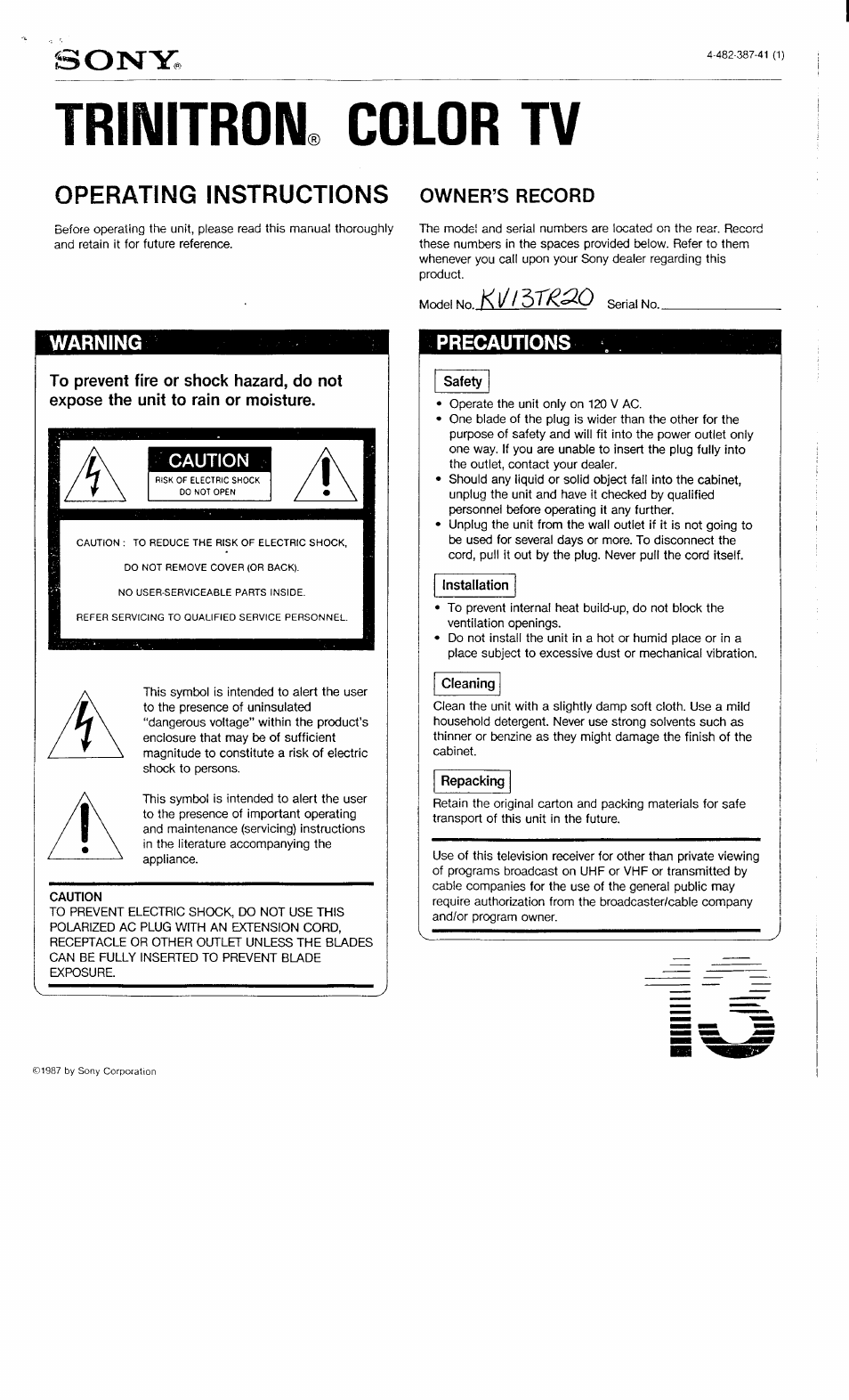 Sony KV-13TR20 User Manual | 6 pages