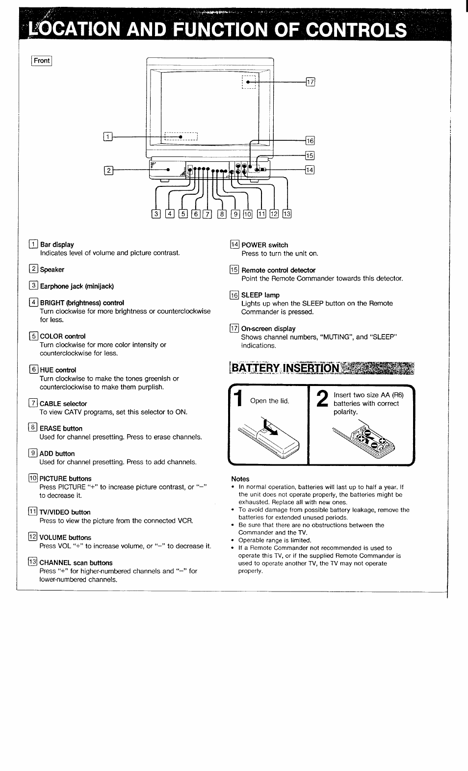 I^gation and function of controls, Battery insertion | Sony KV-13TR20 User Manual | Page 3 / 6