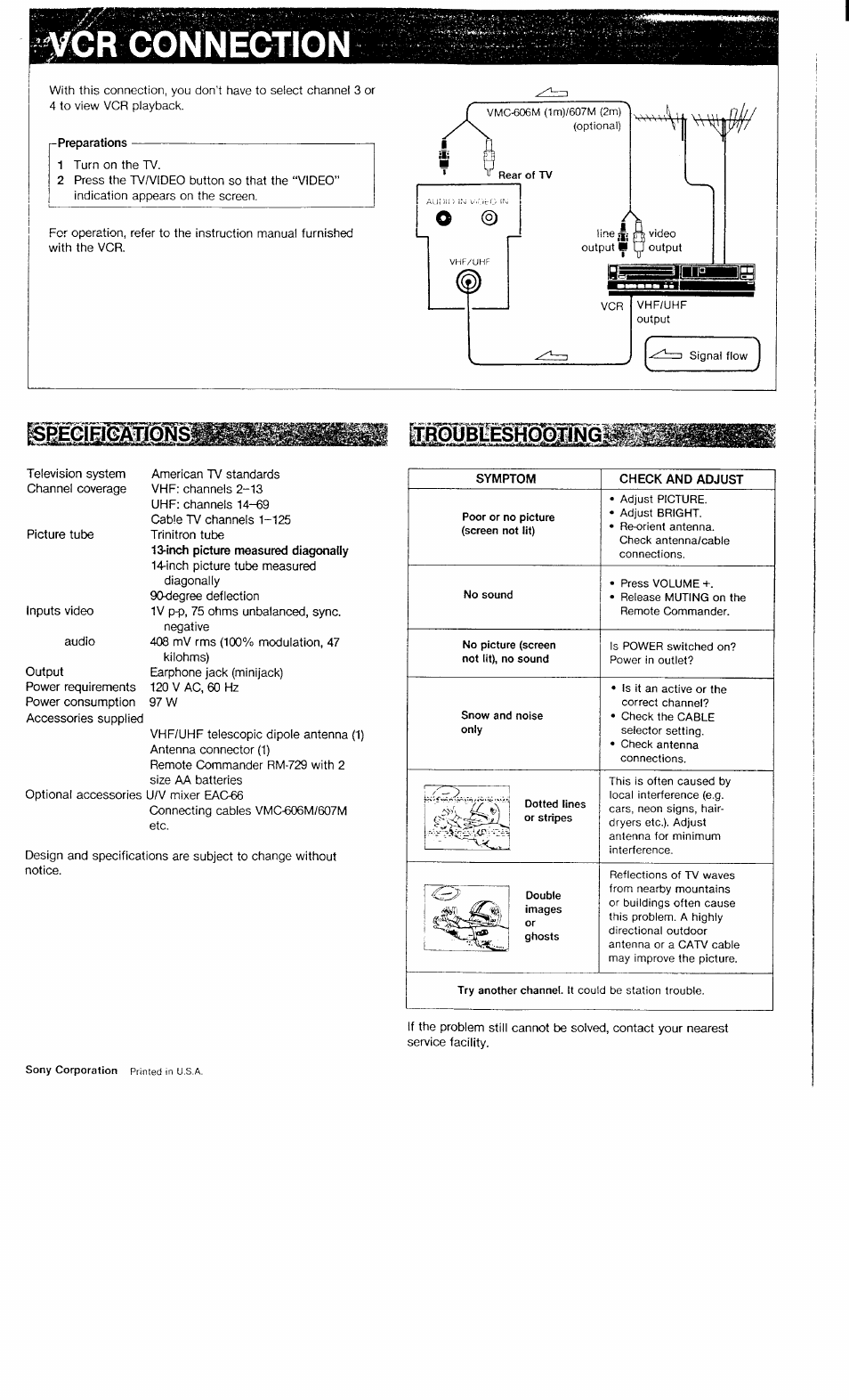 Vcr connection | Sony KV-13TR20 User Manual | Page 6 / 6
