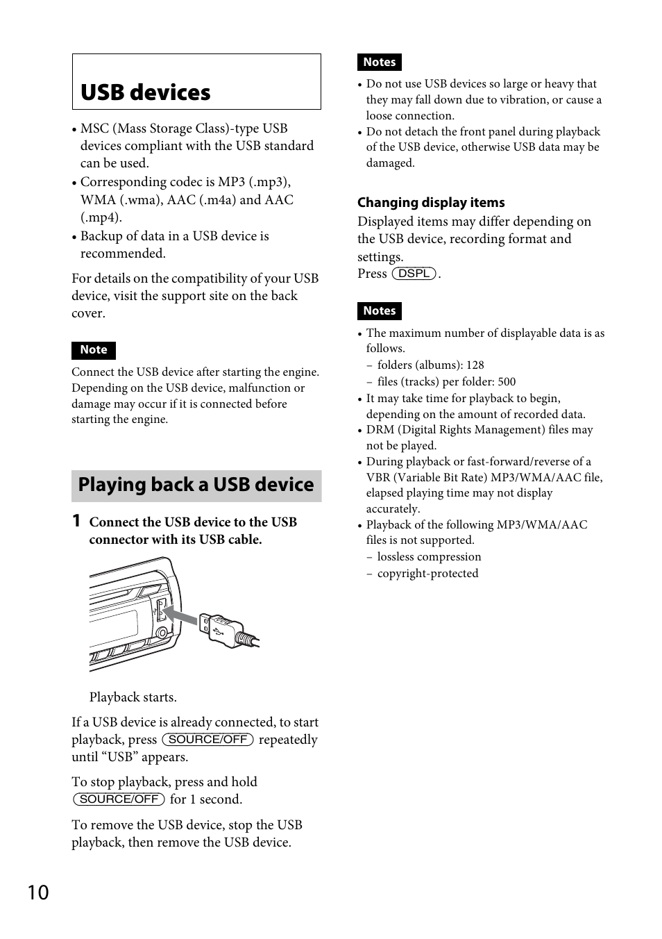 Usb devices, Playing back a usb device | Sony CDX-GT56UIW User Manual | Page 10 / 56