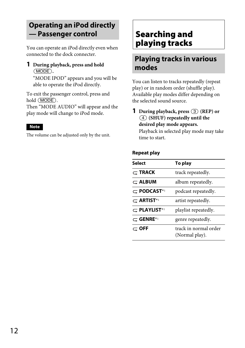 Operating an ipod directly — passenger control, Searching and playing tracks, Playing tracks in various modes | Sony CDX-GT56UIW User Manual | Page 12 / 56