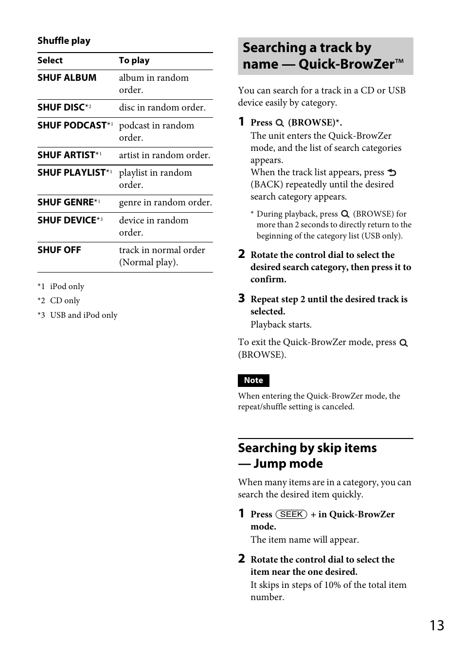 Searching a track by name — quick-browzer, Searching by skip items — jump mode | Sony CDX-GT56UIW User Manual | Page 13 / 56
