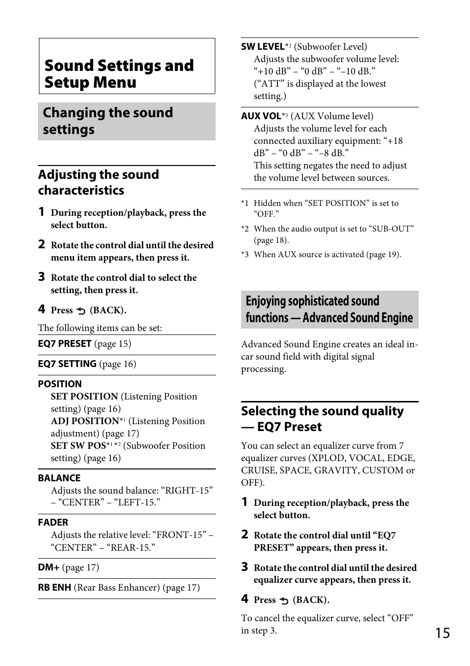 Sound settings and setup menu, Changing the sound settings, Adjusting the sound characteristics 1 | Selecting the sound quality — eq7 preset | Sony CDX-GT56UIW User Manual | Page 15 / 56