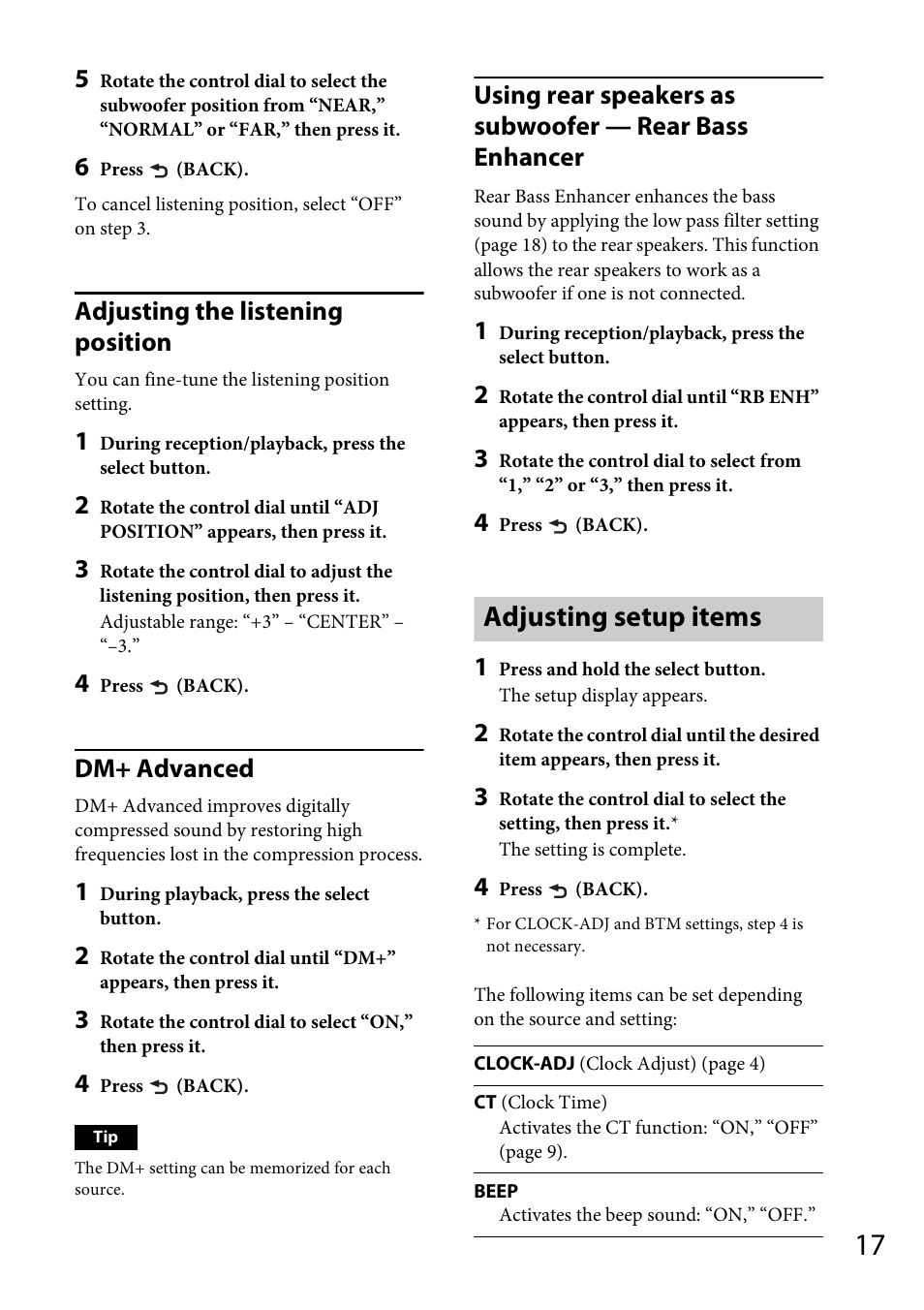 Adjusting setup items, Adjusting the listening position, Dm+ advanced | Sony CDX-GT56UIW User Manual | Page 17 / 56