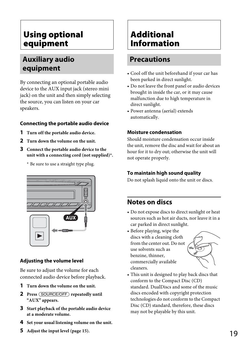 Using optional equipment, Auxiliary audio equipment, Additional information | Precautions | Sony CDX-GT56UIW User Manual | Page 19 / 56