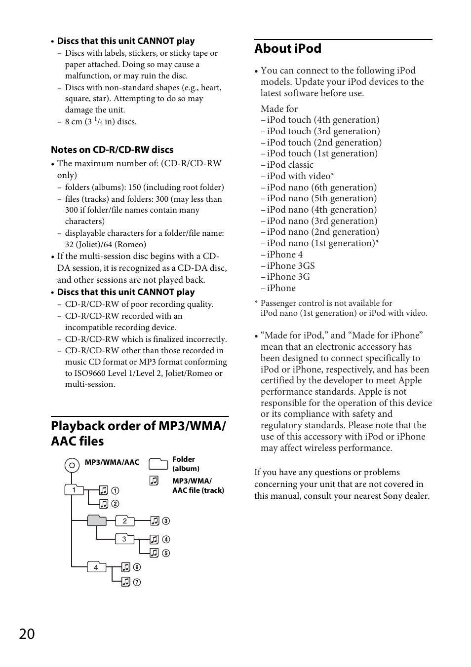 Playback order of mp3/wma/ aac files about ipod | Sony CDX-GT56UIW User Manual | Page 20 / 56