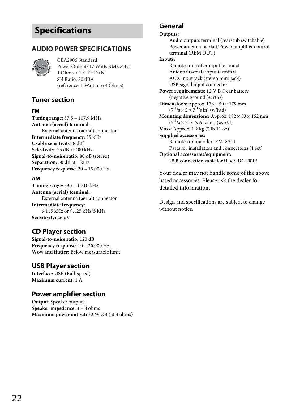 Specifications, General, Audio power specifications | Sony CDX-GT56UIW User Manual | Page 22 / 56