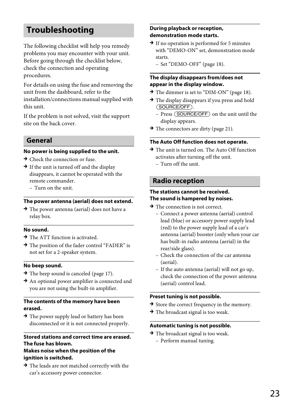Troubleshooting, General, Radio reception | Sony CDX-GT56UIW User Manual | Page 23 / 56