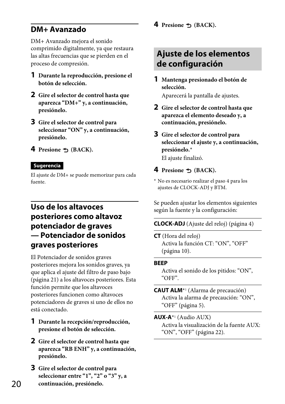 Ajuste de los elementos de configuración, Dm+ avanzado | Sony CDX-GT56UIW User Manual | Page 44 / 56
