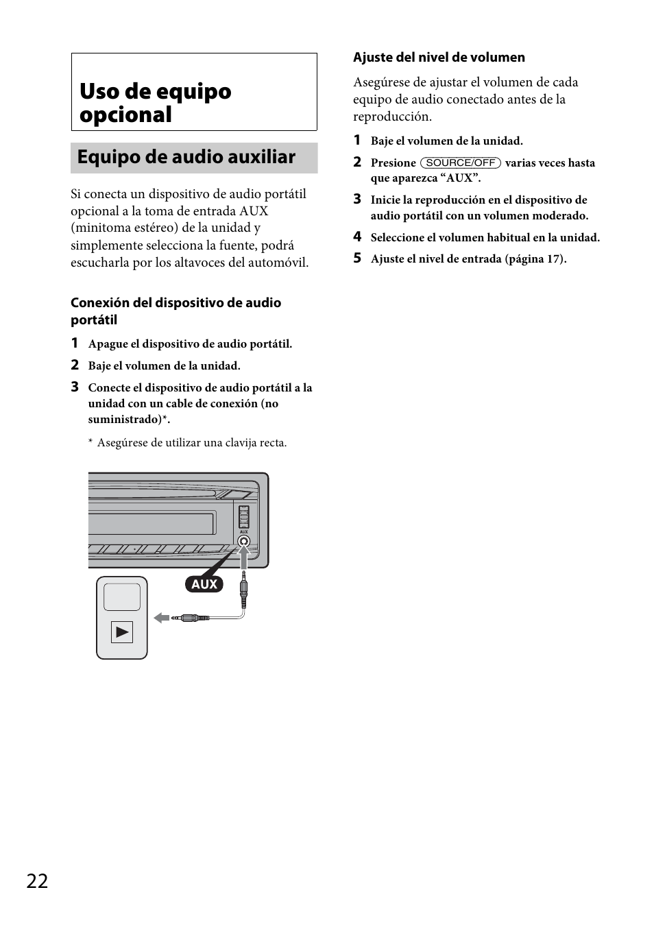 Uso de equipo opcional, Equipo de audio auxiliar | Sony CDX-GT56UIW User Manual | Page 46 / 56