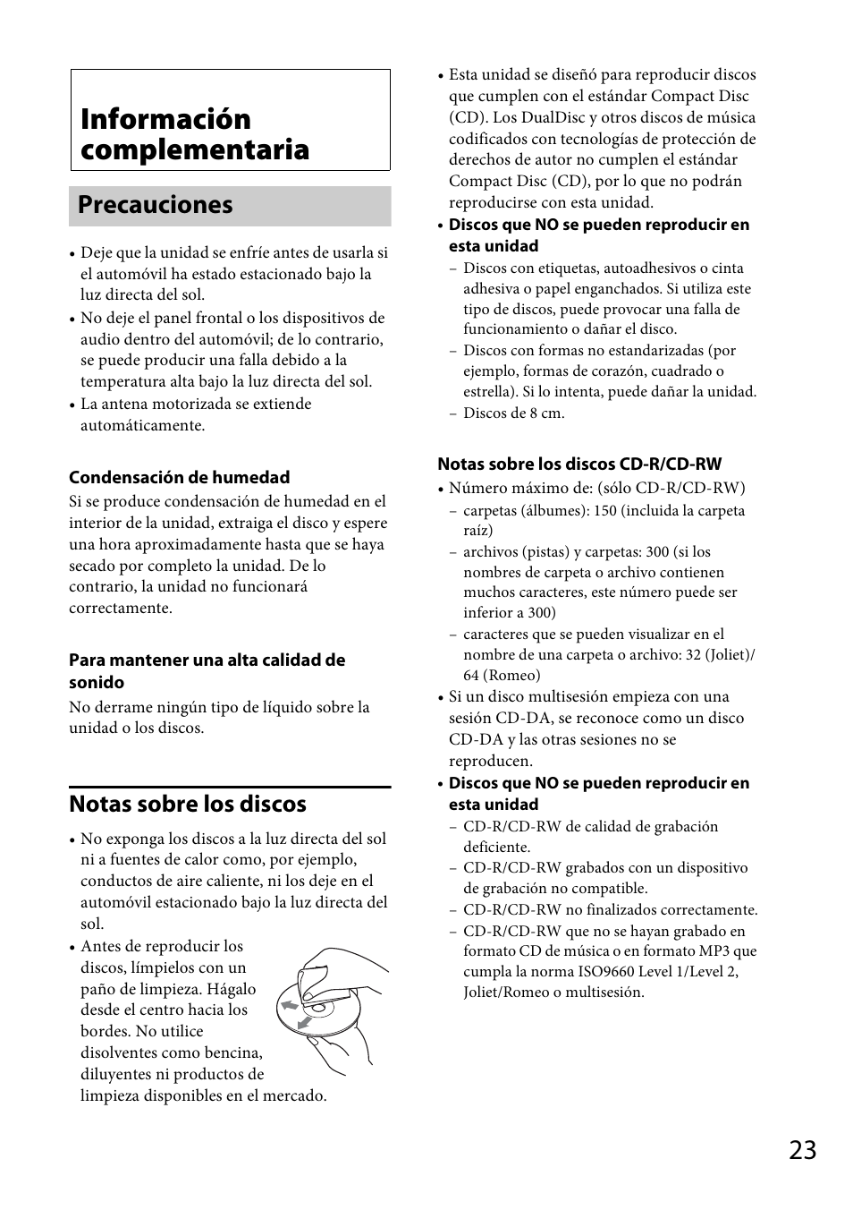 Información complementaria, Precauciones, Notas sobre los discos | Sony CDX-GT56UIW User Manual | Page 47 / 56