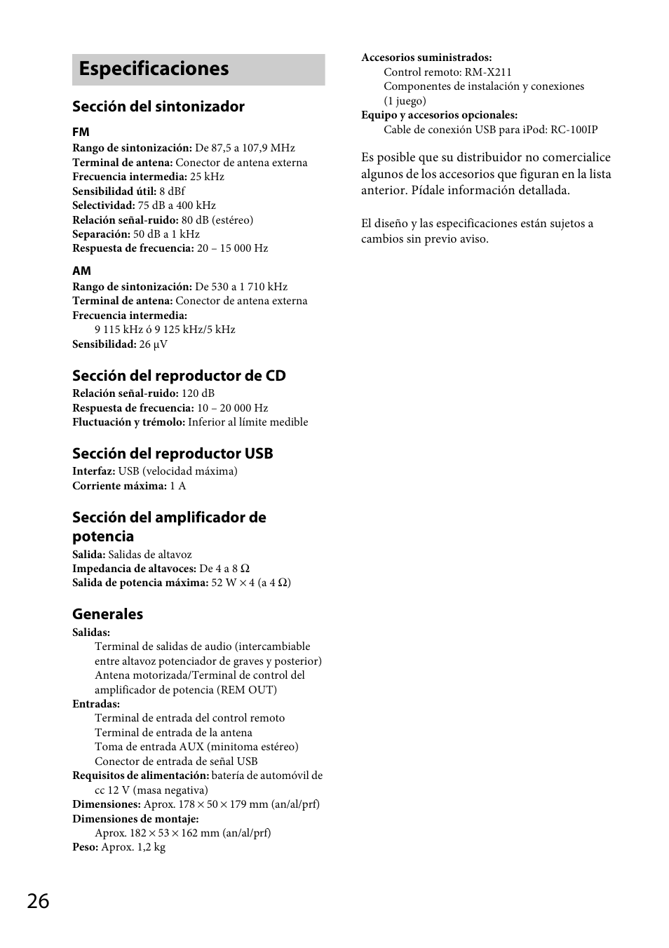 Especificaciones, Sección del sintonizador, Sección del reproductor de cd | Sección del reproductor usb, Sección del amplificador de potencia, Generales | Sony CDX-GT56UIW User Manual | Page 50 / 56