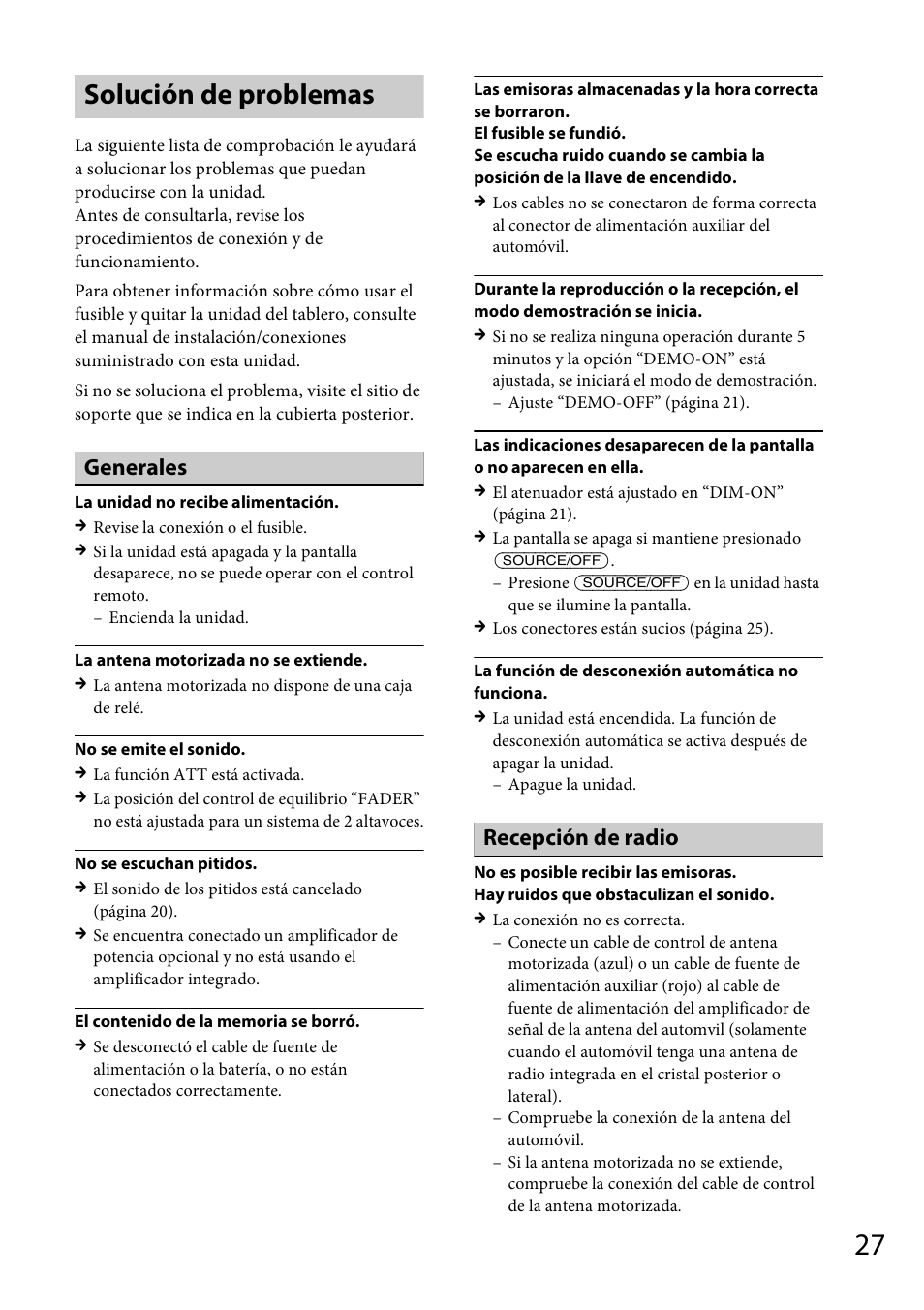 Solución de problemas, Generales, Recepción de radio | Sony CDX-GT56UIW User Manual | Page 51 / 56