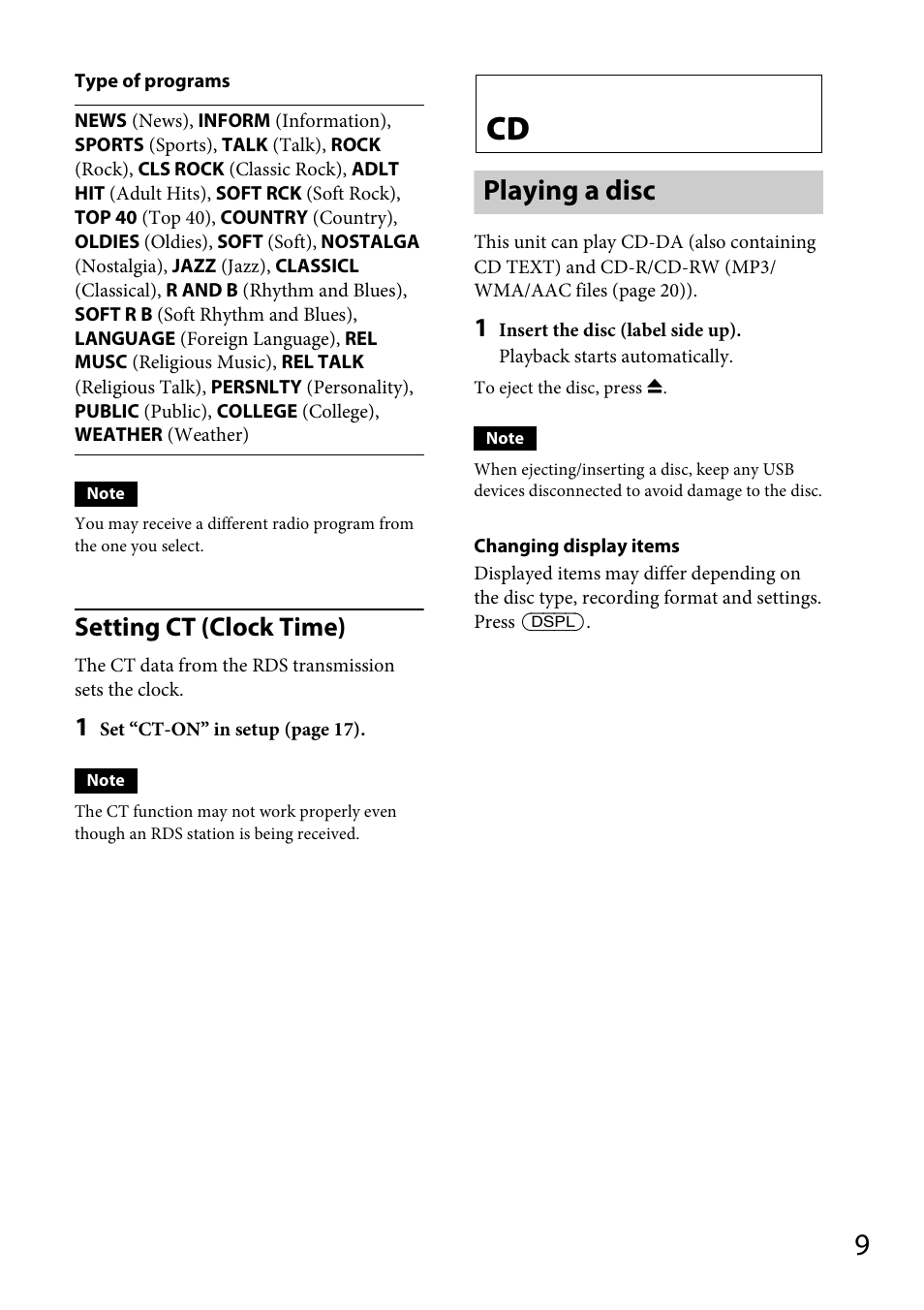 Playing a disc, Setting ct (clock time) | Sony CDX-GT56UIW User Manual | Page 9 / 56