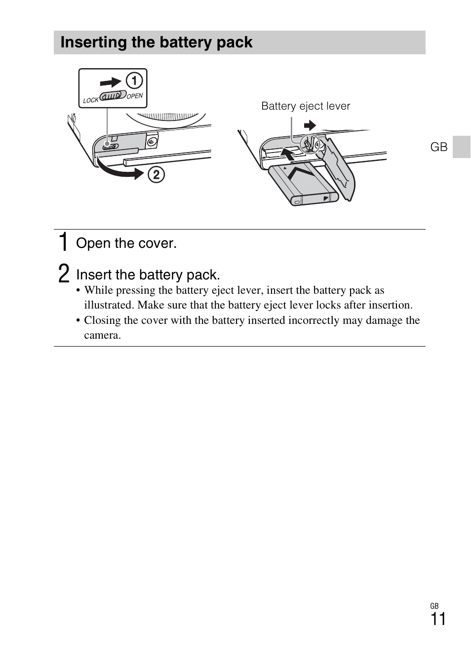 Inserting the battery pack | Sony DSC-RX100M3 User Manual | Page 11 / 124