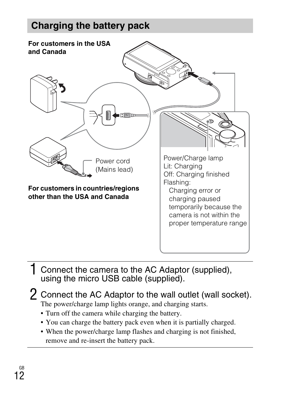 Charging the battery pack | Sony DSC-RX100M3 User Manual | Page 12 / 124