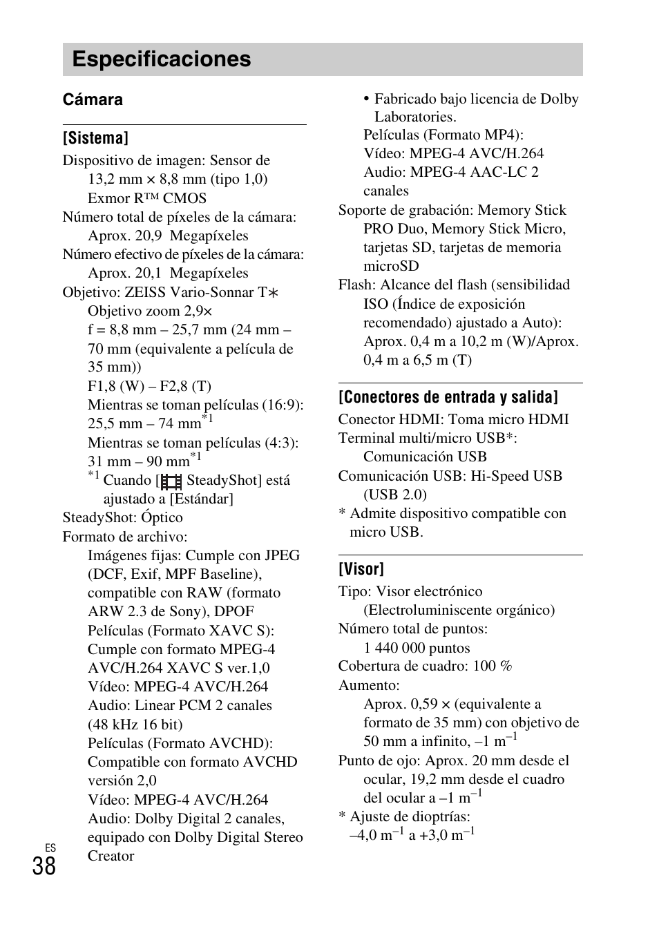 Especificaciones | Sony DSC-RX100M3 User Manual | Page 120 / 124