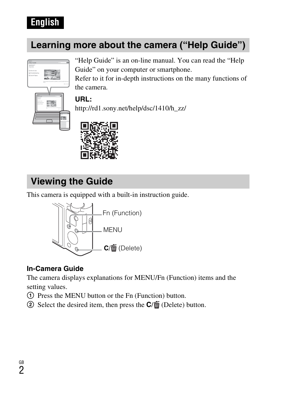 English, Learning more about the camera (“help guide”), Viewing the guide | Sony DSC-RX100M3 User Manual | Page 2 / 124