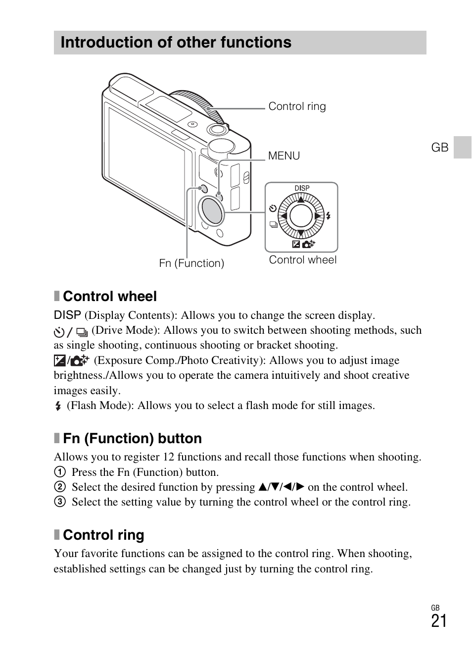 Introduction of other functions, Xcontrol wheel, Xfn (function) button | Xcontrol ring | Sony DSC-RX100M3 User Manual | Page 21 / 124