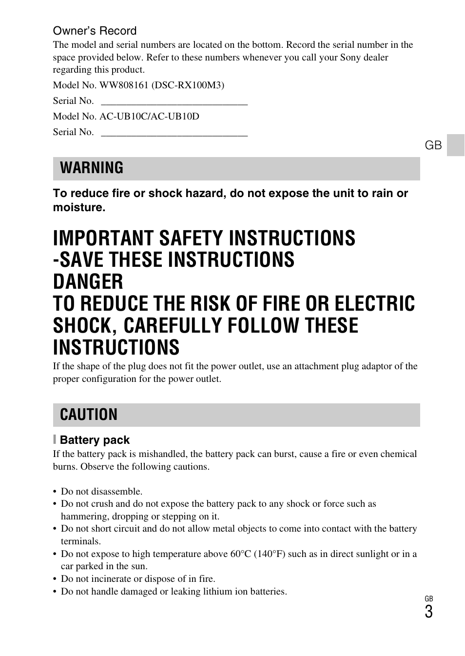 Warning caution | Sony DSC-RX100M3 User Manual | Page 3 / 124