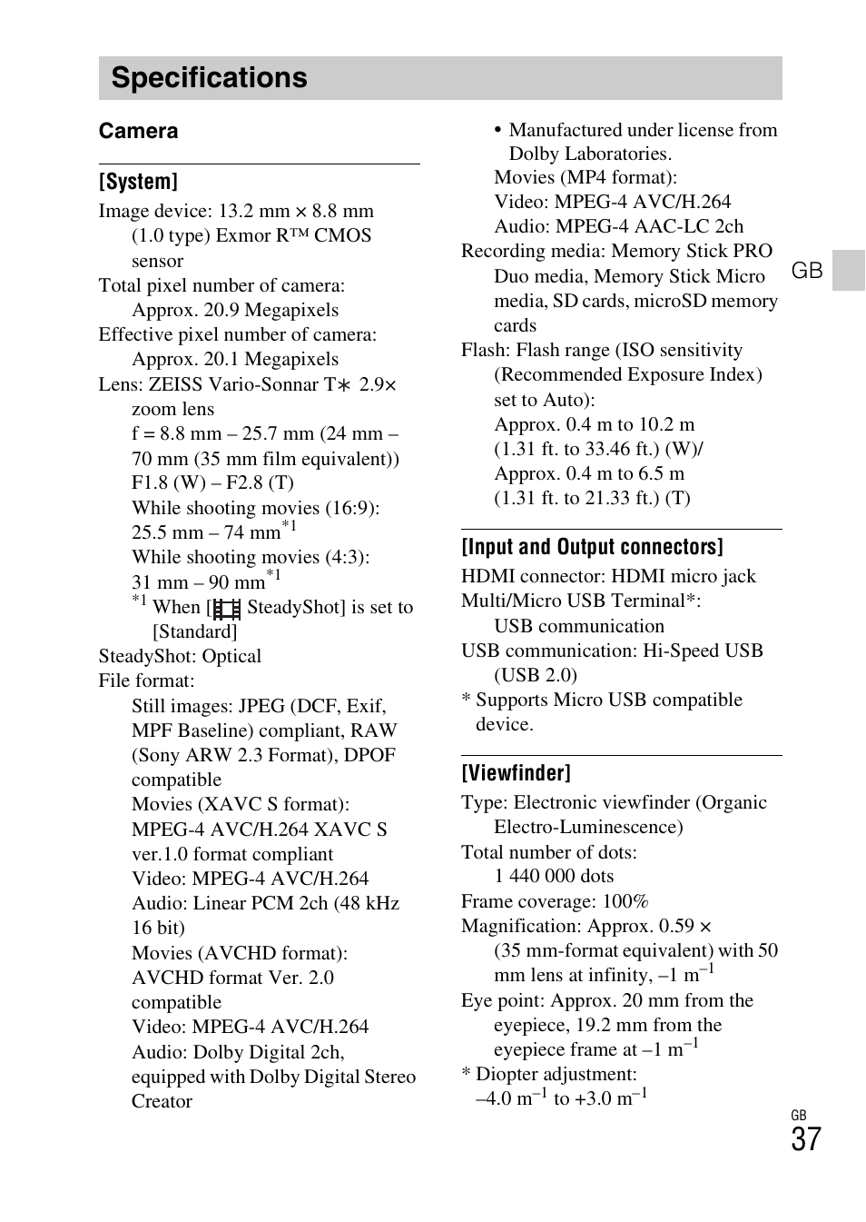 Specifications | Sony DSC-RX100M3 User Manual | Page 37 / 124