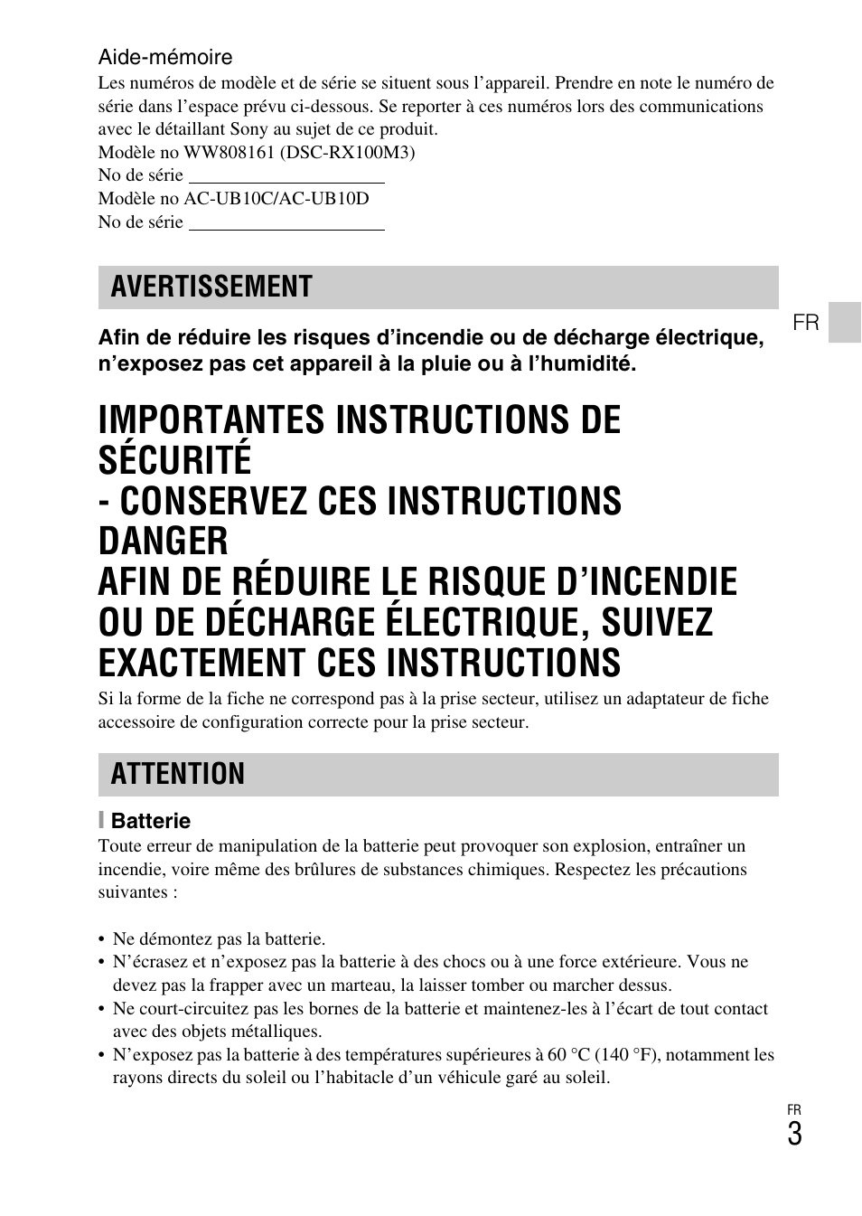 Avertissement attention | Sony DSC-RX100M3 User Manual | Page 41 / 124