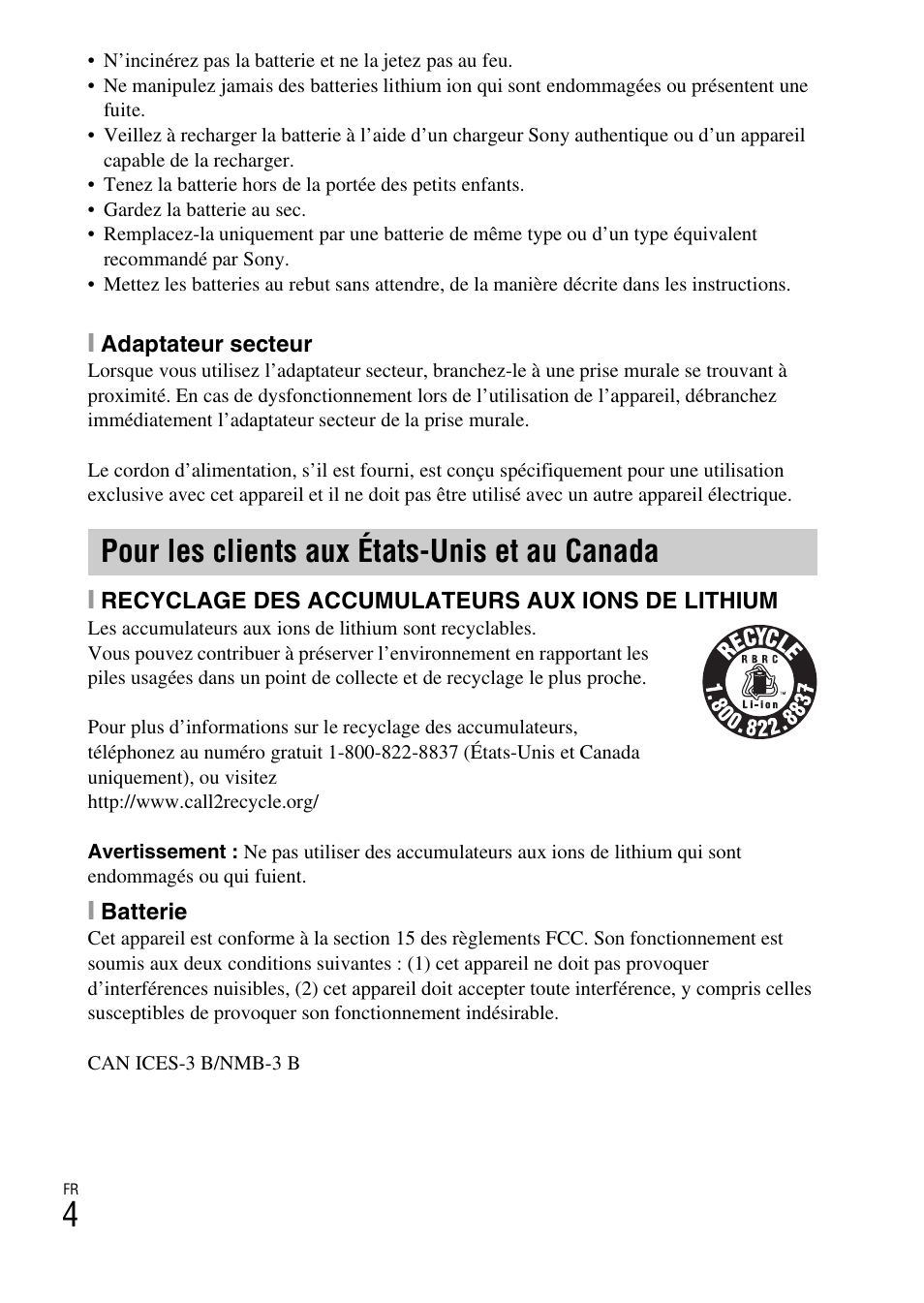 Pour les clients aux états-unis et au canada | Sony DSC-RX100M3 User Manual | Page 42 / 124