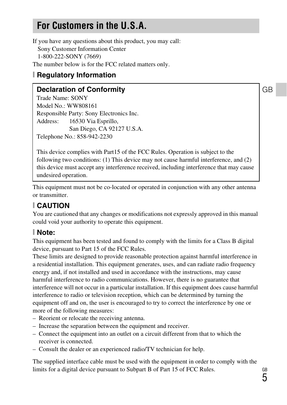 For customers in the u.s.a | Sony DSC-RX100M3 User Manual | Page 5 / 124