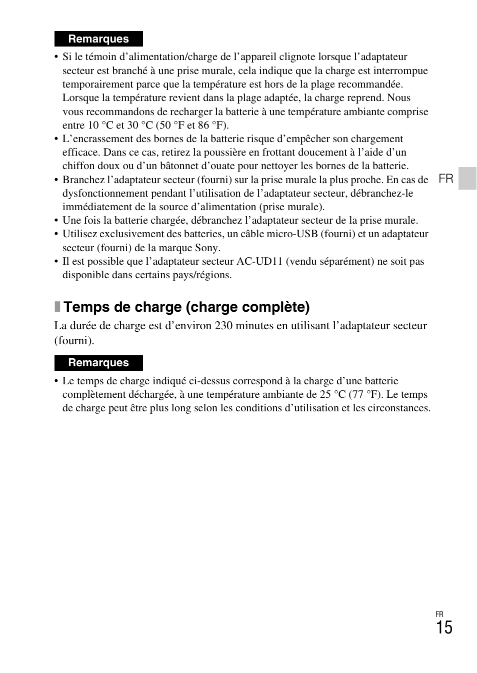 Xtemps de charge (charge complète) | Sony DSC-RX100M3 User Manual | Page 53 / 124