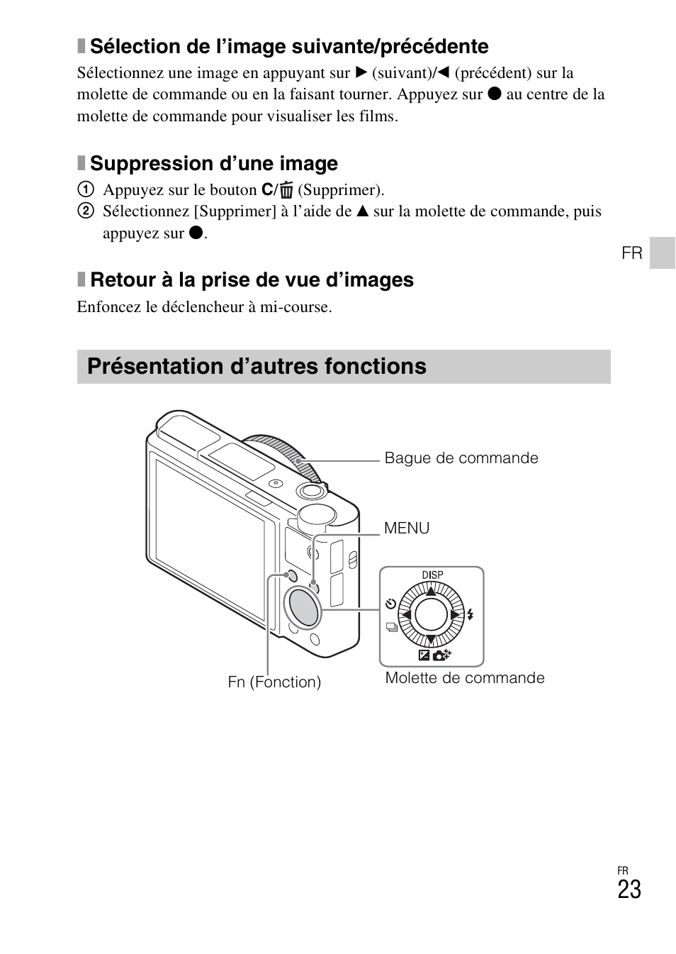 Présentation d’autres fonctions, Xsélection de l’image suivante/précédente, Xsuppression d’une image | Xretour à la prise de vue d’images | Sony DSC-RX100M3 User Manual | Page 61 / 124