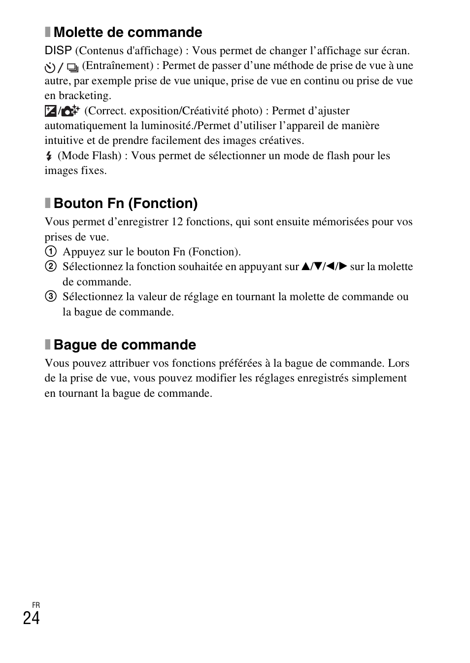 Xmolette de commande, Xbouton fn (fonction), Xbague de commande | Sony DSC-RX100M3 User Manual | Page 62 / 124