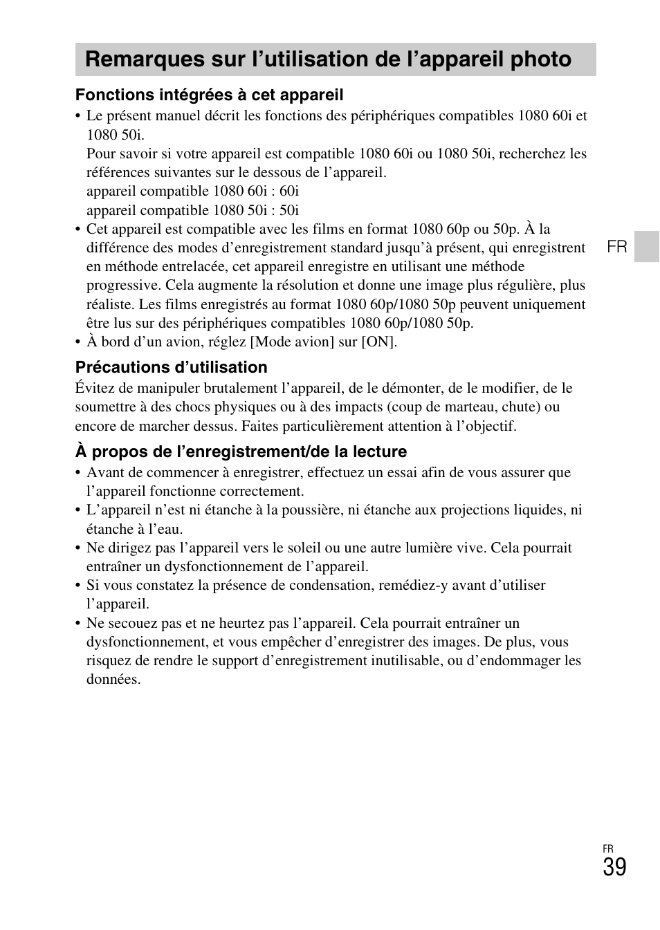 Remarques sur l’utilisation de l’appareil photo | Sony DSC-RX100M3 User Manual | Page 77 / 124