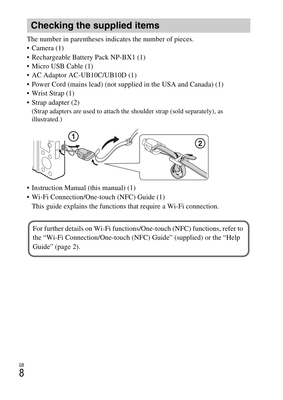 Checking the supplied items | Sony DSC-RX100M3 User Manual | Page 8 / 124