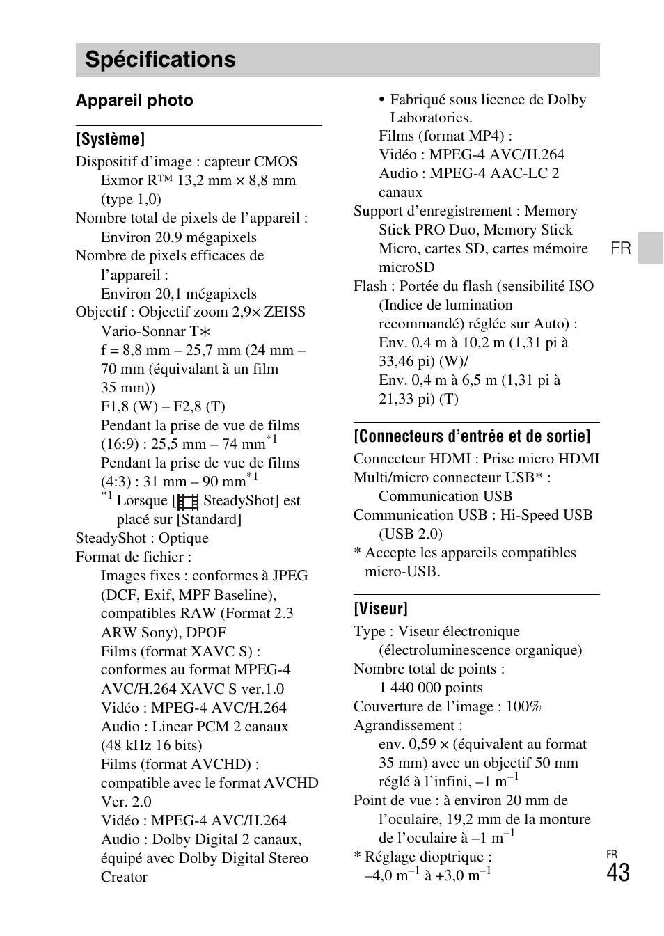 Spécifications | Sony DSC-RX100M3 User Manual | Page 81 / 124