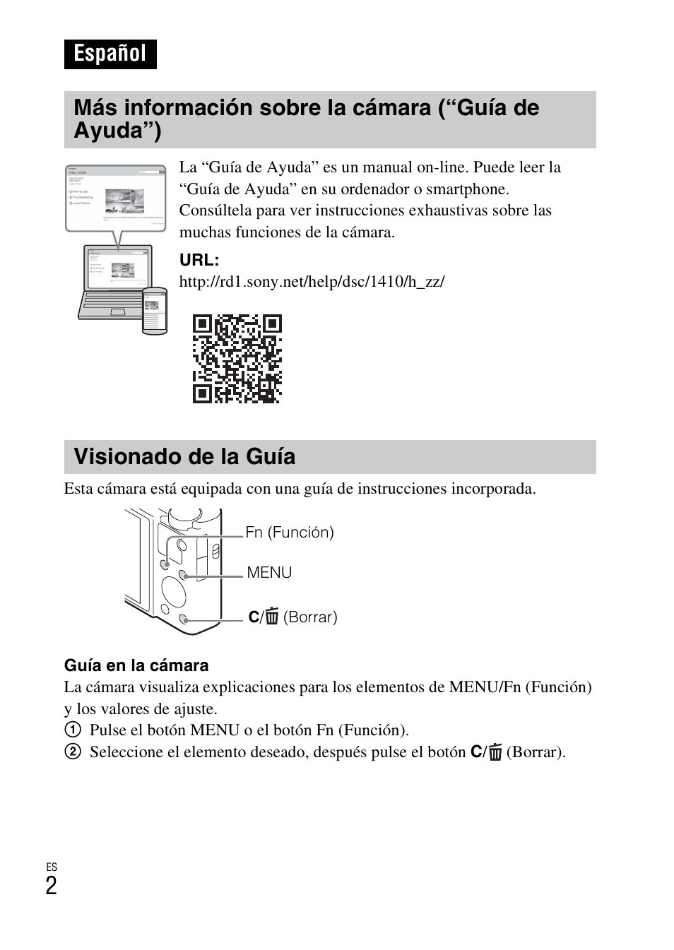 Español, Más información sobre la cámara (“guía de ayuda”), Visionado de la guía | Sony DSC-RX100M3 User Manual | Page 84 / 124